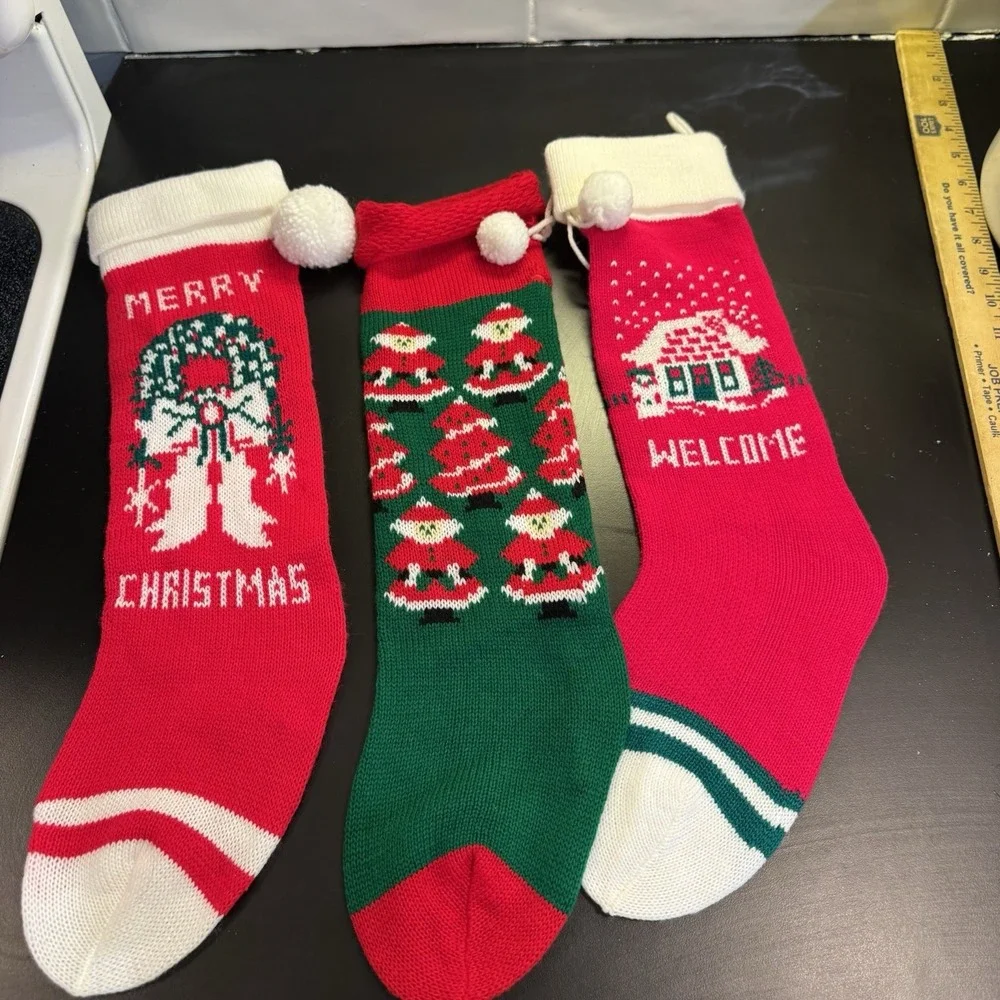 Lot Of 3 Vintage Knit Christmas Stockings Red Green Santa Tree Snowmen Santa